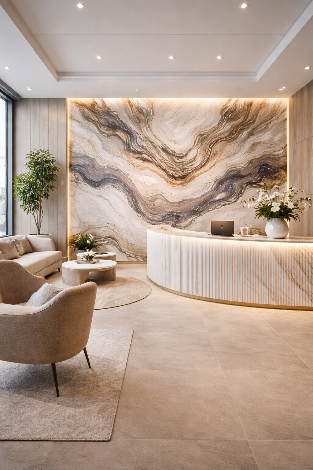 Finished interior with a dramatic decorative wall mural